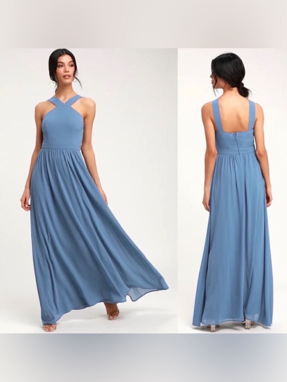 Lulus Slate Blue Air Of Romance Sleeveless Halter A-Line Maxi Dress Small